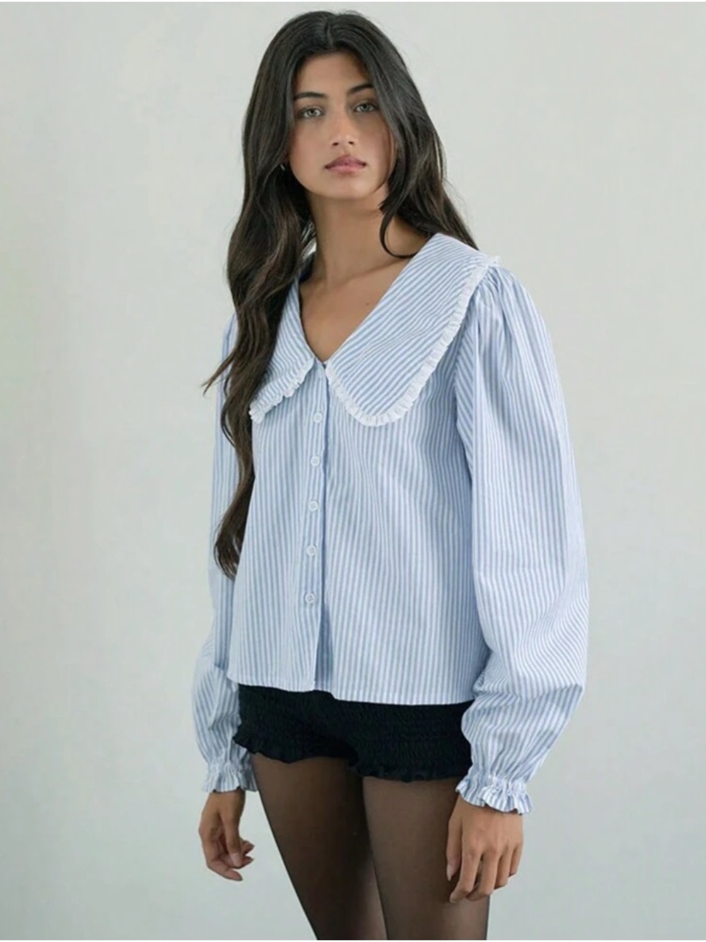 Amazon Light Blue Striped Peter Pan Collar Button-Down Blouse